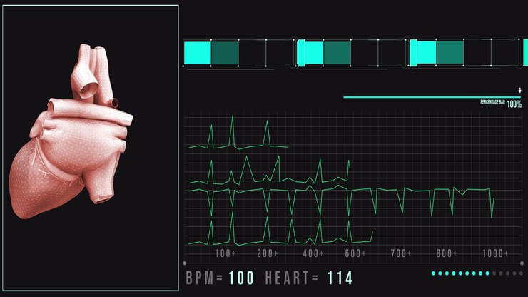 Foto animação de varredura cardíaca humana anatomia cardíaca com interface futurista pesquisa hospitalar ecrã de alta tecnologia futurista interface de aplicação médica holográfica loop sem costura