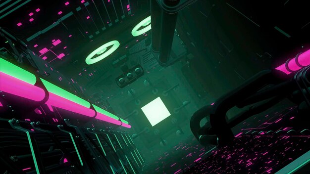 Animação de visão de movimento de hangar de fantasia de ficção científica alienígena futurista limpa e escura dentro de um abstrato