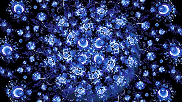 Foto animação do russo khokhloma khokhloma rússia de flores azuis brilhantes sobre fundo preto