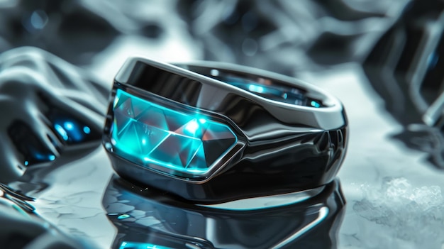 Una animación en 3D de un anillo inteligente futurista que brilla en una superficie de diamante reflectante que muestra tecnología portátil avanzada y la integración de la moda con el lujo de alta tecnología