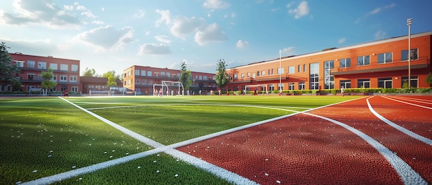 Foto animación 3d de un campo deportivo escolar con estudiantes que participan activamente en varios deportes que promueven