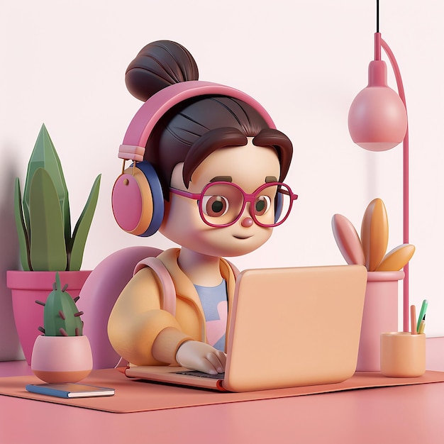 Animación en 3D Una chica joven estudiando en línea