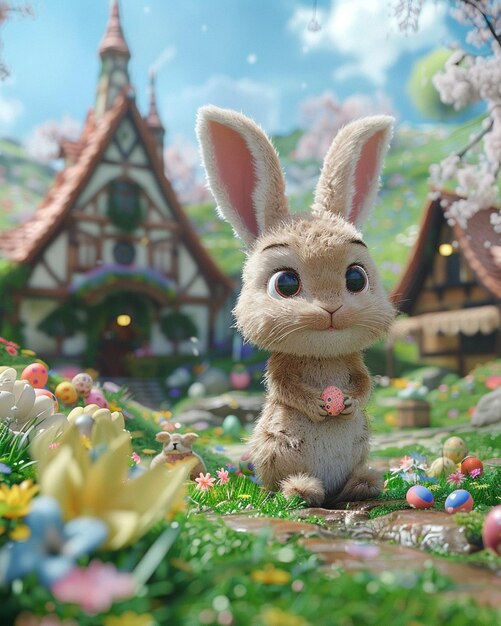 Foto una animación 3d con un conejo en una aventura del lunes de pascua