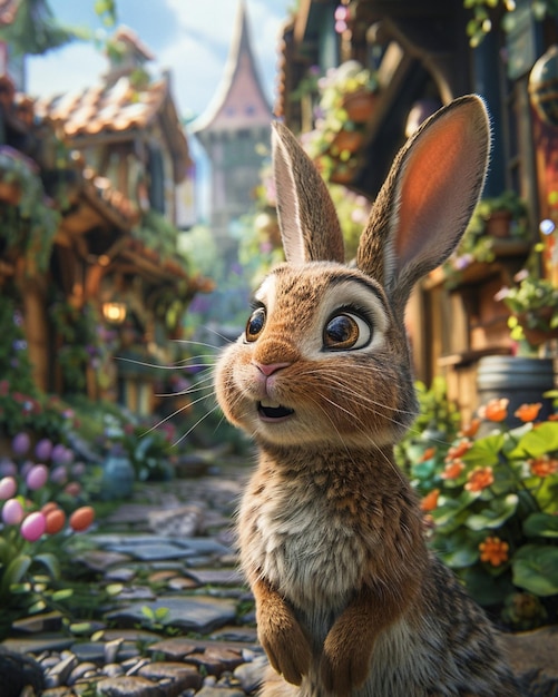 Foto una animación 3d con un conejo en una aventura del lunes de pascua