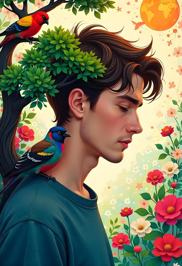 Animación 3D estilo joven con la naturaleza y las aves armonía con la naturaleza