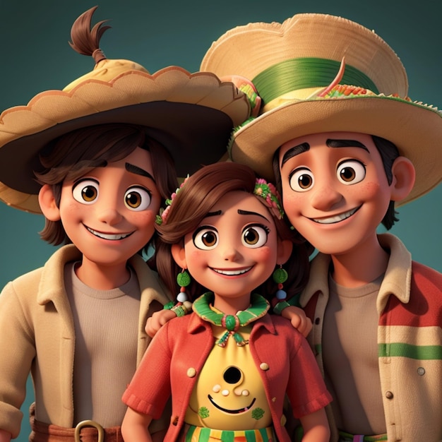 Animación en 3D de una familia mexicana sonriente en trajes tradicionales generada por IA