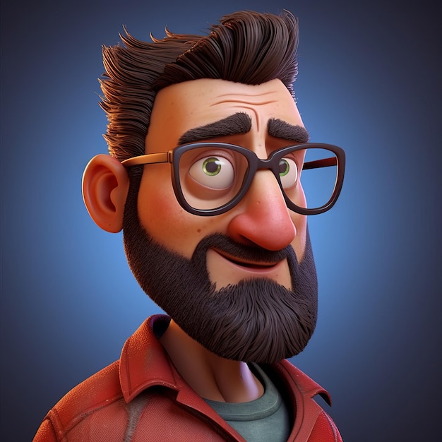 Animación 3d Pixar personaje joven macho con gafas y barba