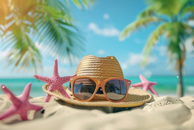 Foto animación 3d de playa tropical con accesorios de fondo de vacaciones de verano