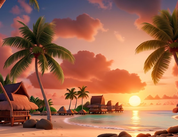 Animación 3d puesta de sol playa de fondo de pantalla