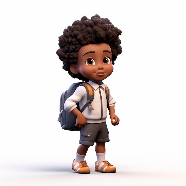 Animación 3D de regreso a la escuela un niño negro con una mochila a la espalda