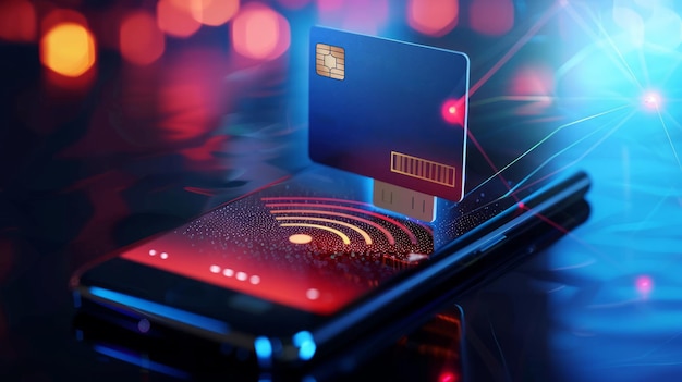 Una animación 3D de una transacción segura de teléfono inteligente con una tarjeta de pago digital emergente y una ola de partículas de datos que destacan conceptos de ciberseguridad de banca móvil y finanzas modernas