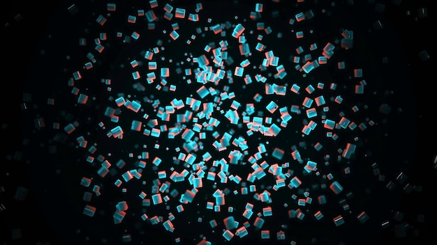 Animación abstracta de pequeñas partículas d de neón multicolores que flotan lentamente en el fondo negro