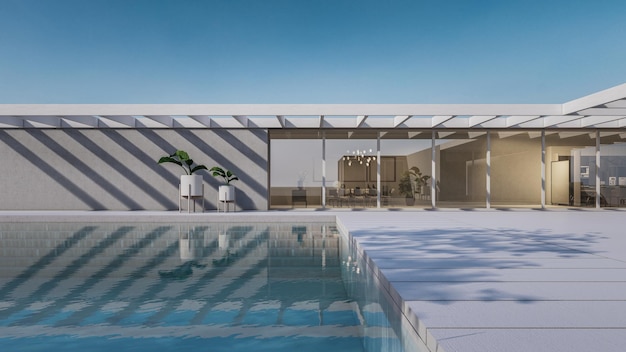 Animación arquitectónica en 3D de una casa minimalista moderna con cama para tomar el sol con vistas al mar