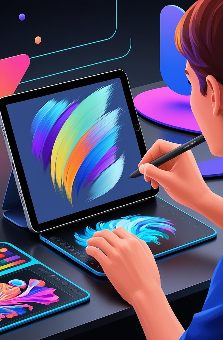 Foto animación de un artista digital usando una tableta
