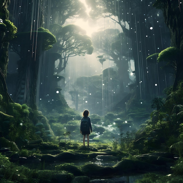 animación de bosque mágico verde y diseño de ai generativo de personajes japoneses
