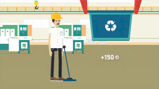 Animación de dibujos animados coloridos con un trabajador de concepto de ecología y medio ambiente de una fábrica de reciclaje de basura