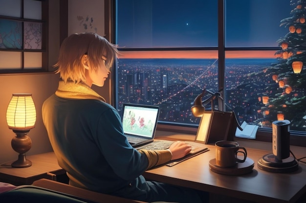 Animación de un hombre usando una computadora portátil con su mascota con vistas a las luces de la ciudad en invierno desde la ventana