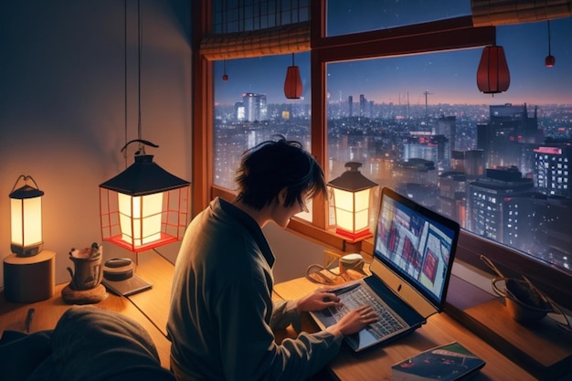 Animación de un hombre usando una computadora portátil con su mascota con vistas a las luces de la ciudad en invierno desde la ventana
