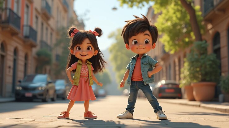 Una animación de Pixar de un niño y una niña sonrientes mirando a la cámara