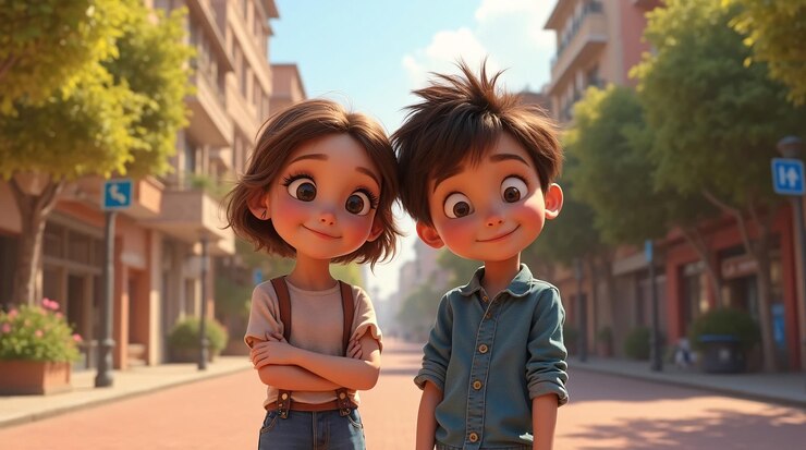 Una animación de Pixar de un niño y una niña sonrientes mirando a la cámara