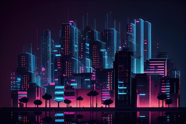 Una animación stopmotion digital con fallas del horizonte de una ciudad por la noche con edificios y letreros de neón acercándose y alejándose