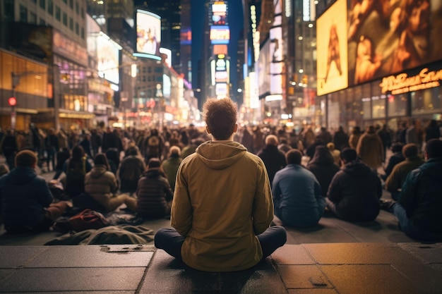 En una animada calle de la ciudad por la noche, un hombre medita en postura de loto que simboliza la resiliencia mental en medio del ajetreo y el bullicio urbano.