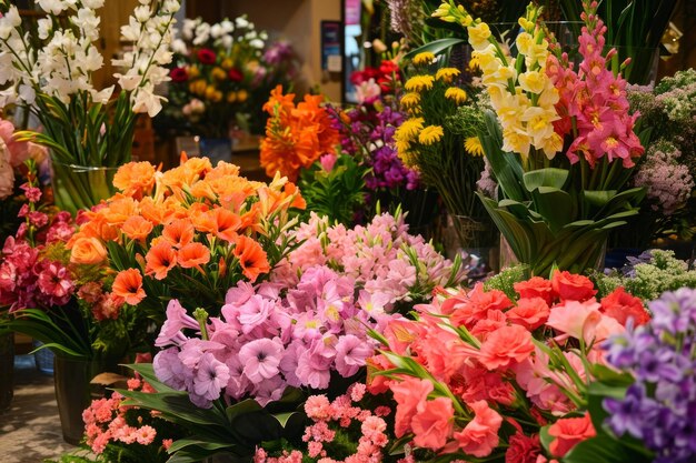 Una animada exhibición de flores de varios tonos invita a los clientes a una vibrante promoción de primavera