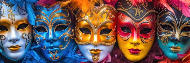 Una animada fila de máscaras venecianas con plumas de colores sobre un fondo texturizado para celebraciones festivas