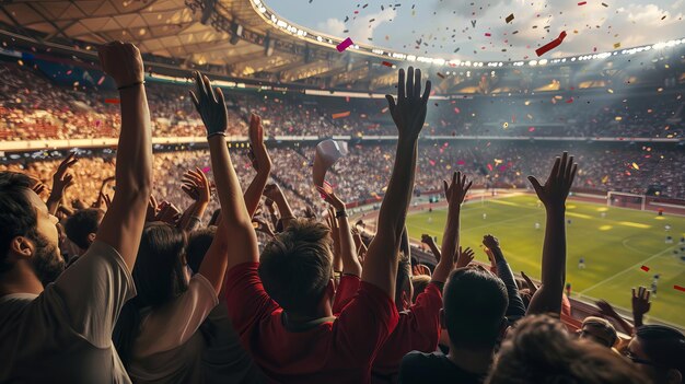 Una animada multitud aclama y agita banderas durante un emocionante partido de fútbol