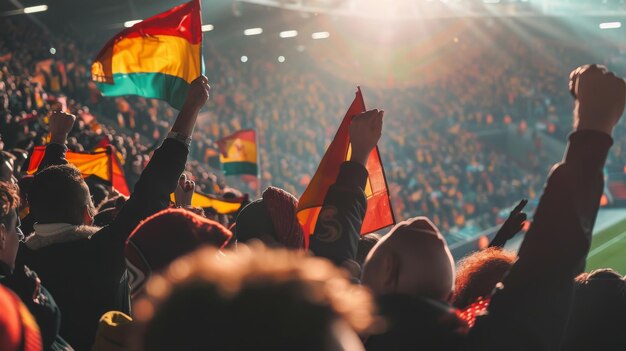 Foto una animada multitud de personas diversas aclama y agita banderas en un evento deportivo en un día soleado