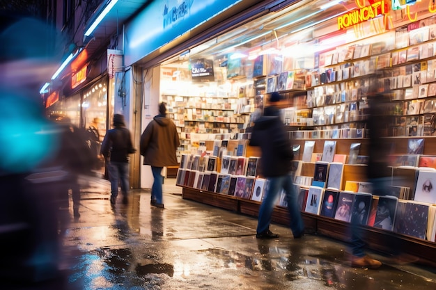 Una animada tienda de discos en un bullicioso barrio de la ciudad