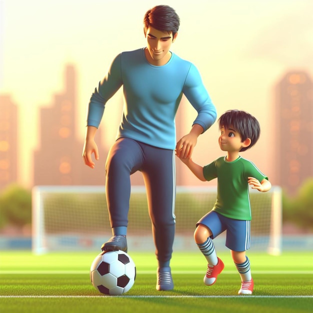 animado 3D padre con su hijo en un campo de fútbol jugando