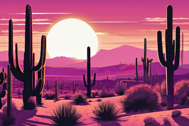 Un animado atardecer en el desierto con cactus y colinas