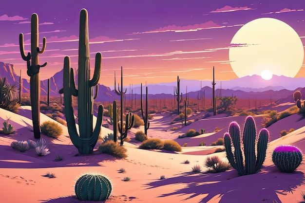 Un animado atardecer en el desierto con cactus y colinas