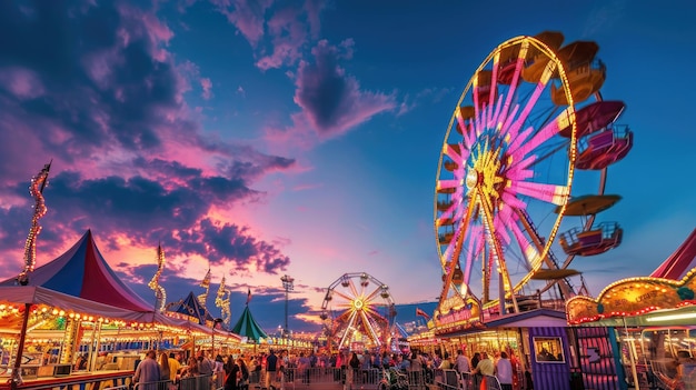 Un animado carnaval al anochecer Las luces de la rueda gigante resplandecientes