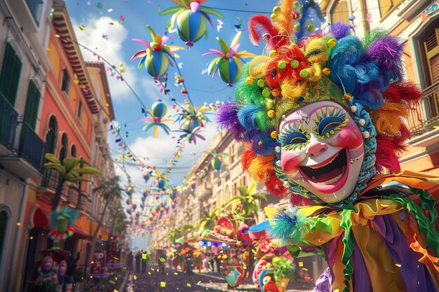 Un animado carnaval callejero con coloridas carrozas y