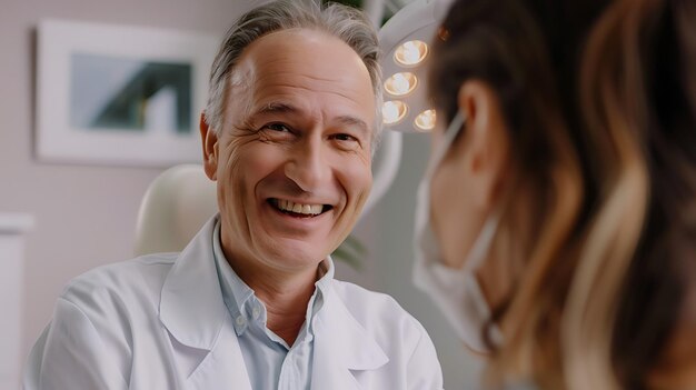 Un animado dentista sénior hablando con una paciente en una clínica dental.