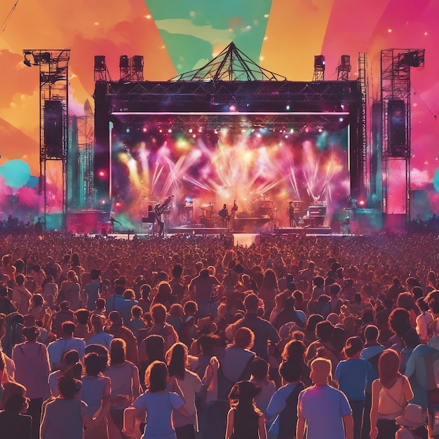 Un animado festival de música al aire libre con una multitud de baile en el escenario y luces coloridas de alto detalle