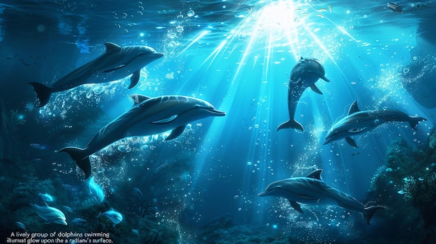 Un animado grupo de delfines nadando con gracia en medio de la iluminación submarina