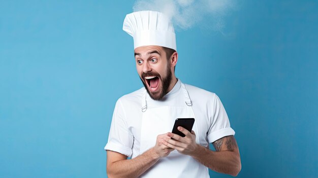 Animado jovem chef barbudo ou cozinheiro padeiro de avental camiseta branca toque chapéu de chefs