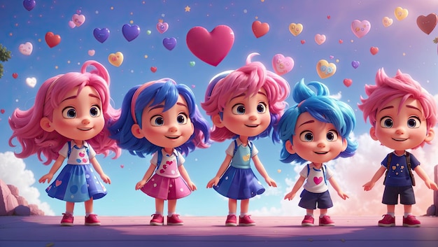 Animado menino e menina com cabelo azul e rosa