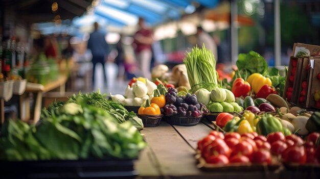 Foto un animado mercado de agricultores con vibrantes puestos llenos de productos frescos