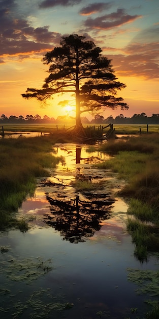 Animado paisaje costero Lone Tree Reflejo al atardecer