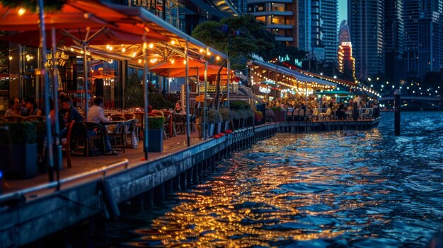 Un animado paseo marítimo en una bulliciosa ciudad con restaurantes y cafés con vistas al agua y luces brillantes de la ciudad que se reflejan en las ondas ondulantes de abajo