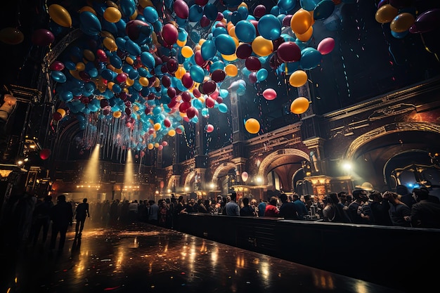 Foto animado salón de baile con pista de baile con globos y escenario iluminado generativo ia