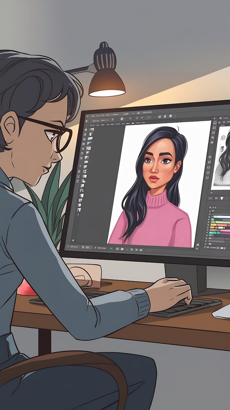 Foto animador dibujando un retrato en un software de edición de imágenes