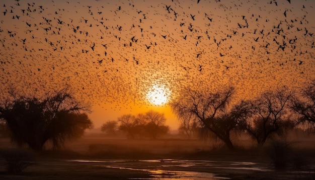 Animais africanos em silhueta contra um deslumbrante céu de pôr-do-sol gerado pela IA