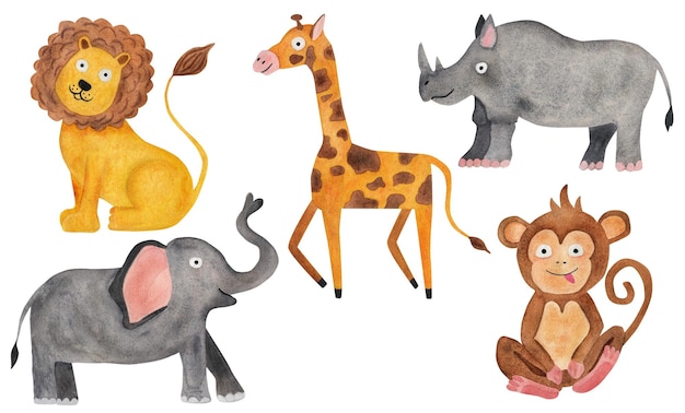 Animais africanos girafa leão elefante rinoceronte e macaco ilustração infantil ilustração aquarela em estilo cartoon