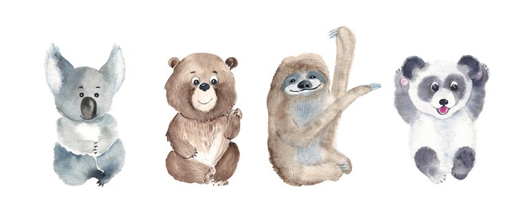 Foto animais bebês fofos definem preguiça de urso coala panda isolada em fundo branco aquarela desenhada à mão