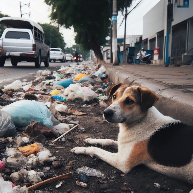 Animais cães entre o lixo Salve animais problemas ambientais imagem de fundo